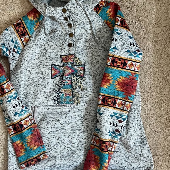 Gray & Aztec Print *Hallelujah* Hoodie | Heather Gray | Kangaroo Pocket | Size L - Picture 5 of 11